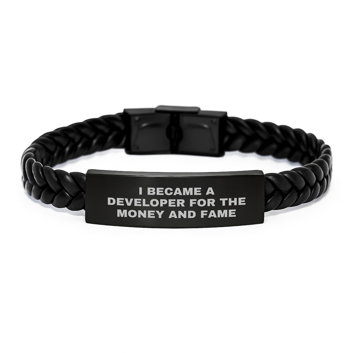 Developer Inspired Interlaced Leather Bracelet Gifts for Him from Friends, Funny Quote I Became A Developer For The Money And Fame - Unique Christmas Unique Gifts - Image 1