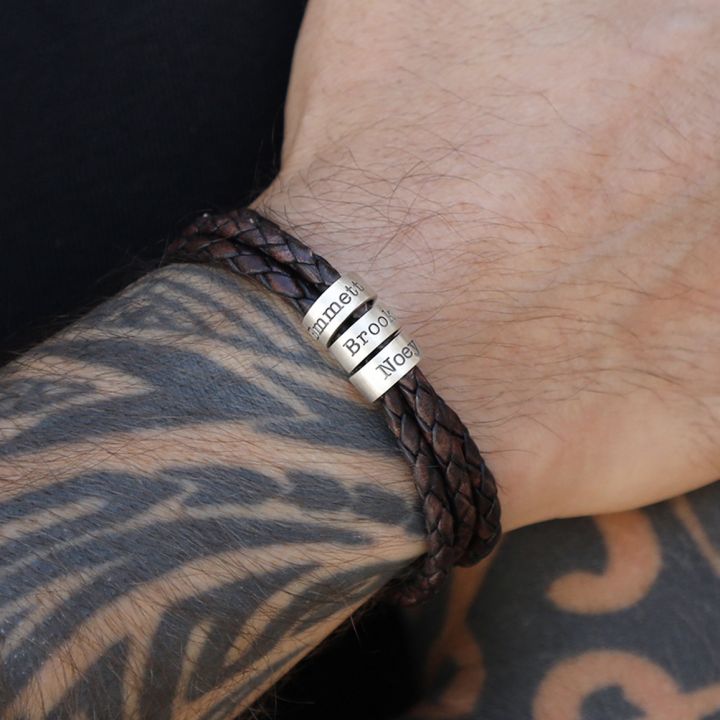 Engraved Titanium Beads Leather Bracelet - Personalized Keepsake