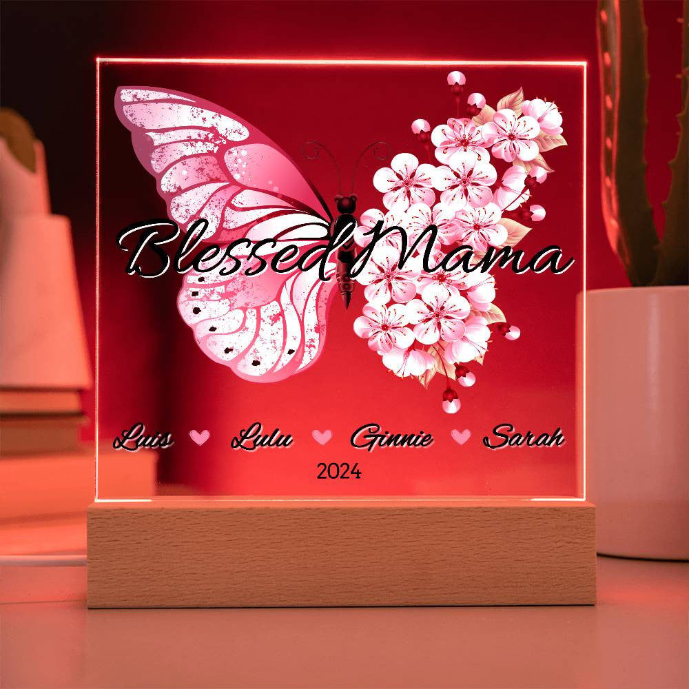 Personalized Pink Butterfly Blessed Mama with Kids Names Plaque