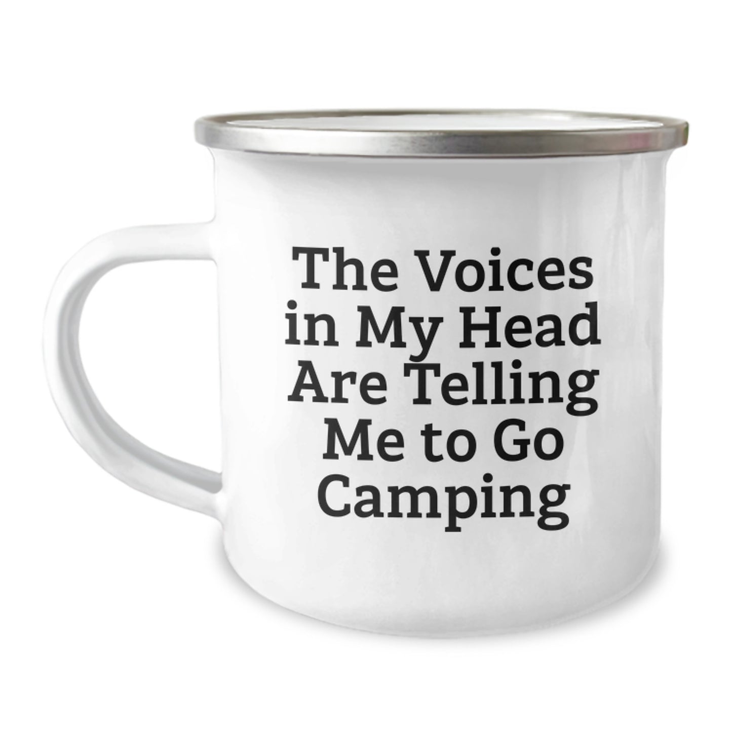 Funny Camping Mug Gifts from Friends for Graduation, 'The Voices In My Head Are Telling Me To Go Camping', 12 oz Stainless Steel with Enamel Finish - Image 1