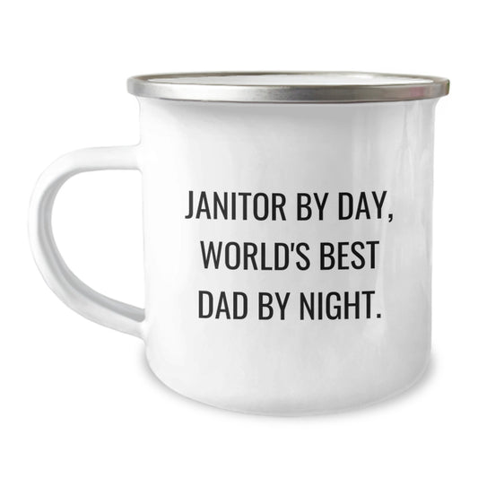 Funny Janitor Gifts from Men - Janitor By Day, World's Best Dad By Night. - 12 oz Camping Mug for Graduation Unique Gifts - Image 1