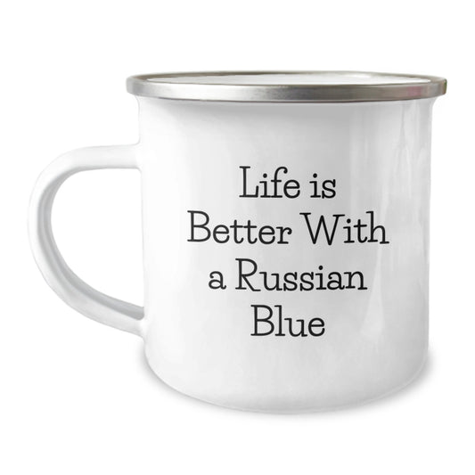 Russian Blue Cat Lovers Gifts from Family for Graduation, Life is Better with a Russian Blue, Funny Camping Mug, 12 oz Capacity, Stainless Steel with Enamel Finish - Image 1