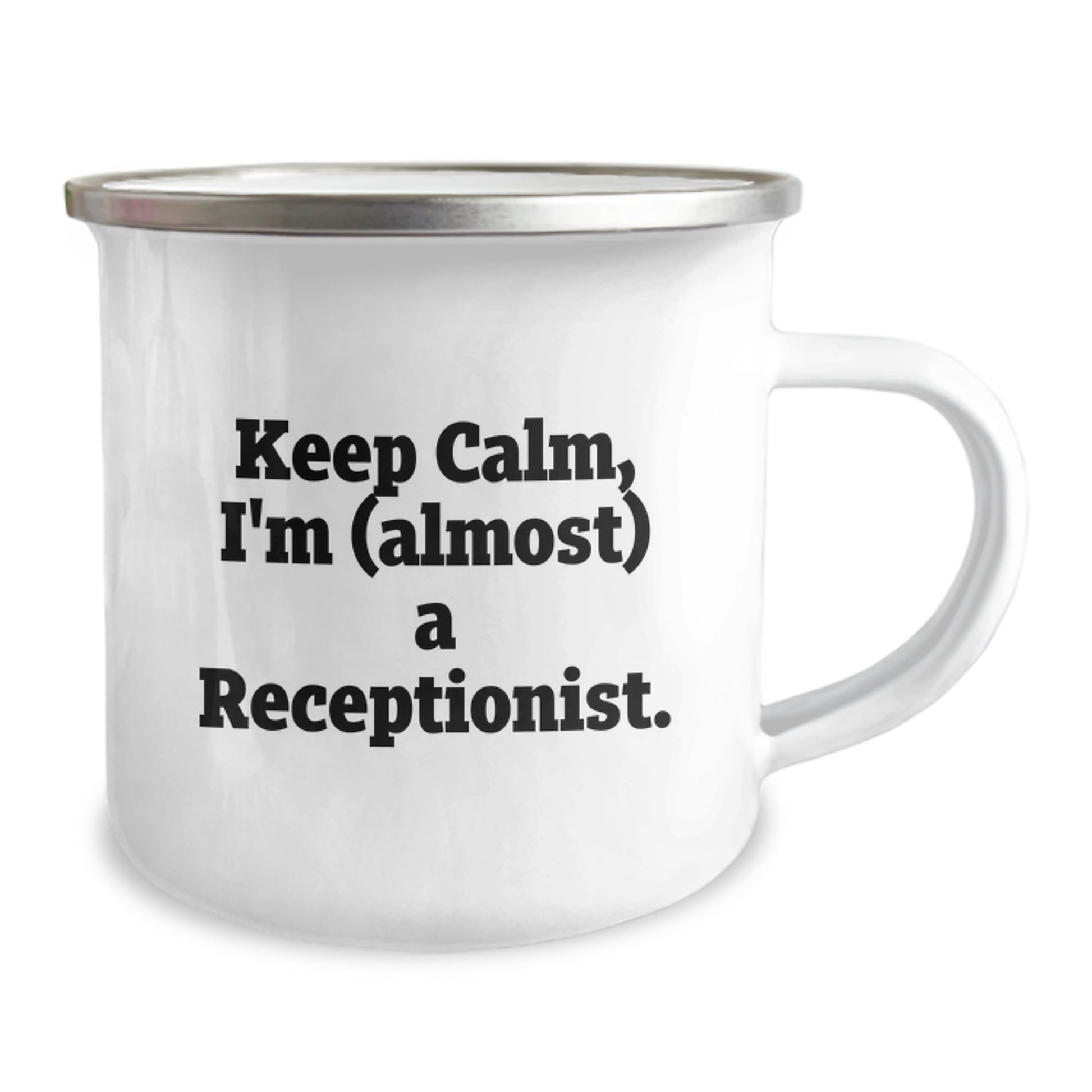 Funny Receptionist Gifts for Christmas - 'Keep Calm, I'm (almost) A Receptionist.' Enamel Camping Mug for Office Staff, Coworkers, or Family - Image 2