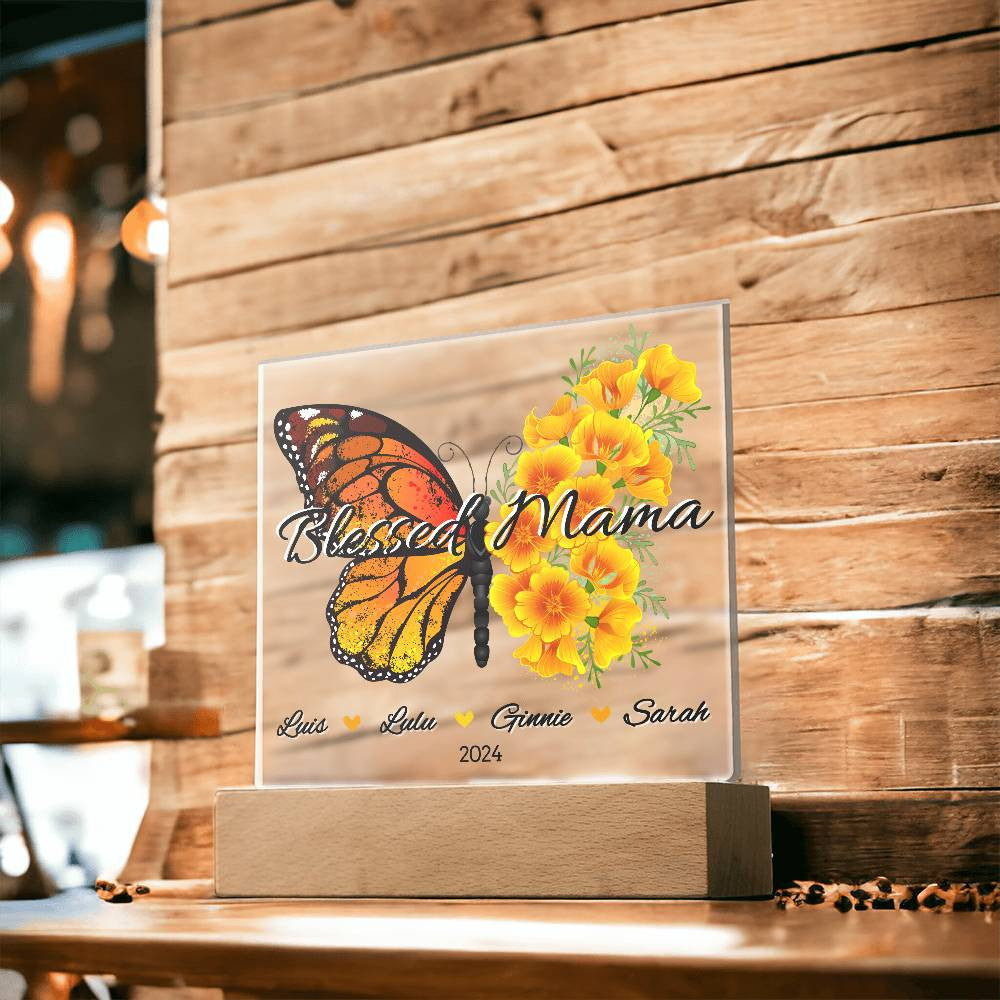 Personalized Floral Butterfly Blessed Mama with Kids Names Plaque
