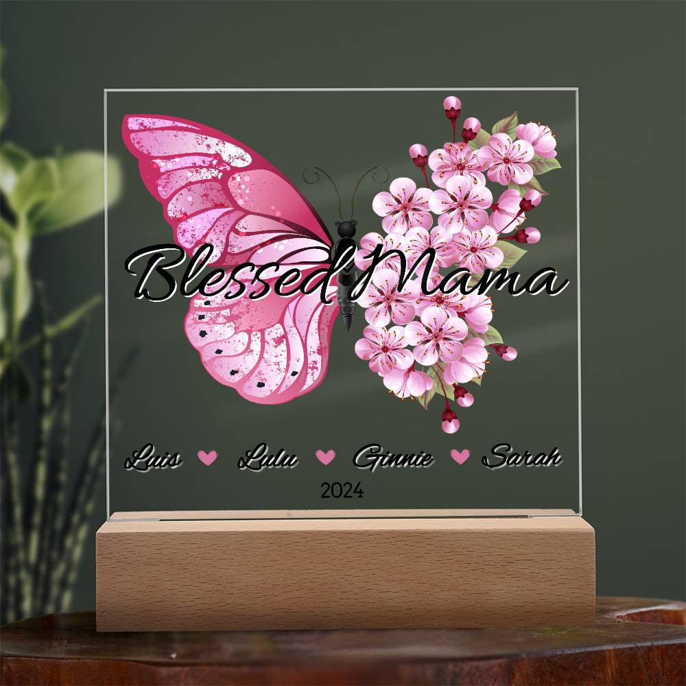 Personalized Pink Butterfly Blessed Mama with Kids Names Plaque