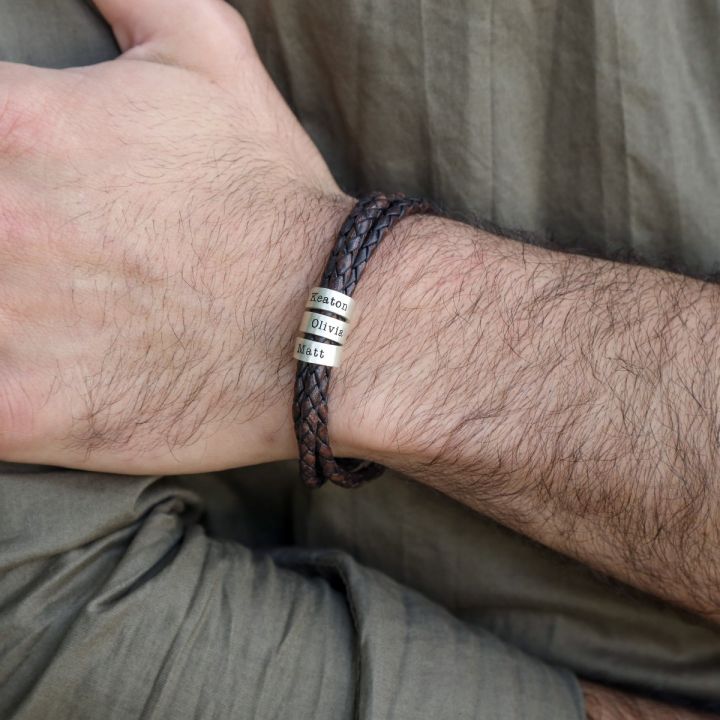 Engraved Titanium Beads Leather Bracelet - Personalized Keepsake