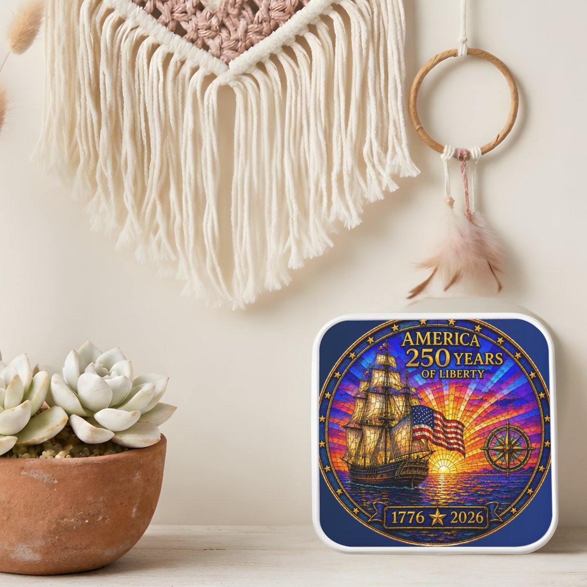 America 250 Years Necklace or Keychain Stained Glass Style Liberty Ship Patriotic Commemorative Limited Edition