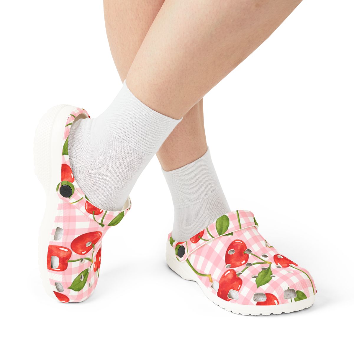 Cherry Gingham Garden Shoes for Adults & Kids – Lightweight EVA Slip-On Pink Picnic Sandals Water-Resistant Nurse Comfort & Walking