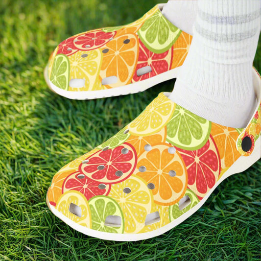 Colorful fruit-patterned shoes with white socks on a white background