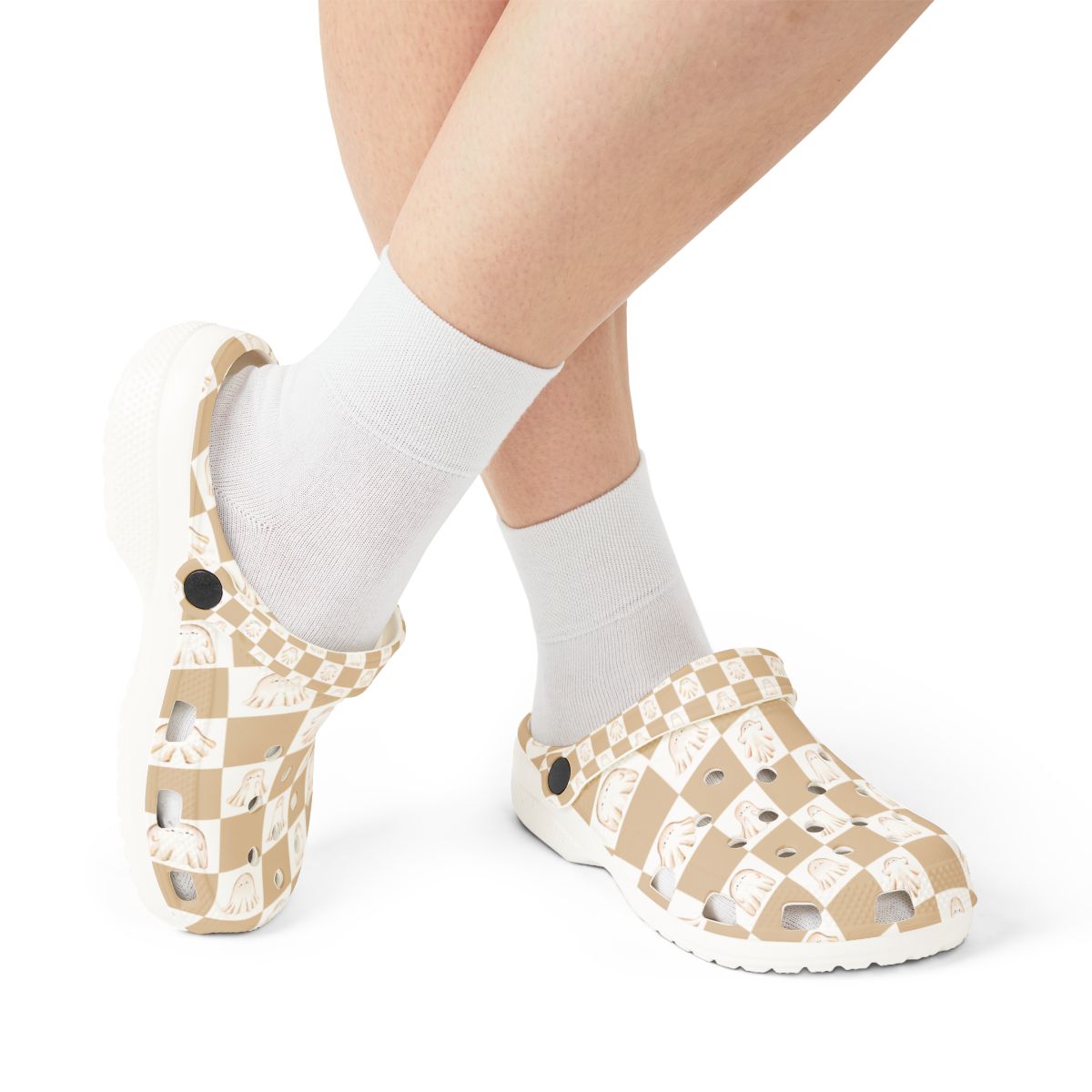 Checkerboard Ghost Garden Shoes for Adults & Kids – Lightweight EVA Slip-On Halloween Sandals Water-Resistant Nurse Comfort Walking Footwear