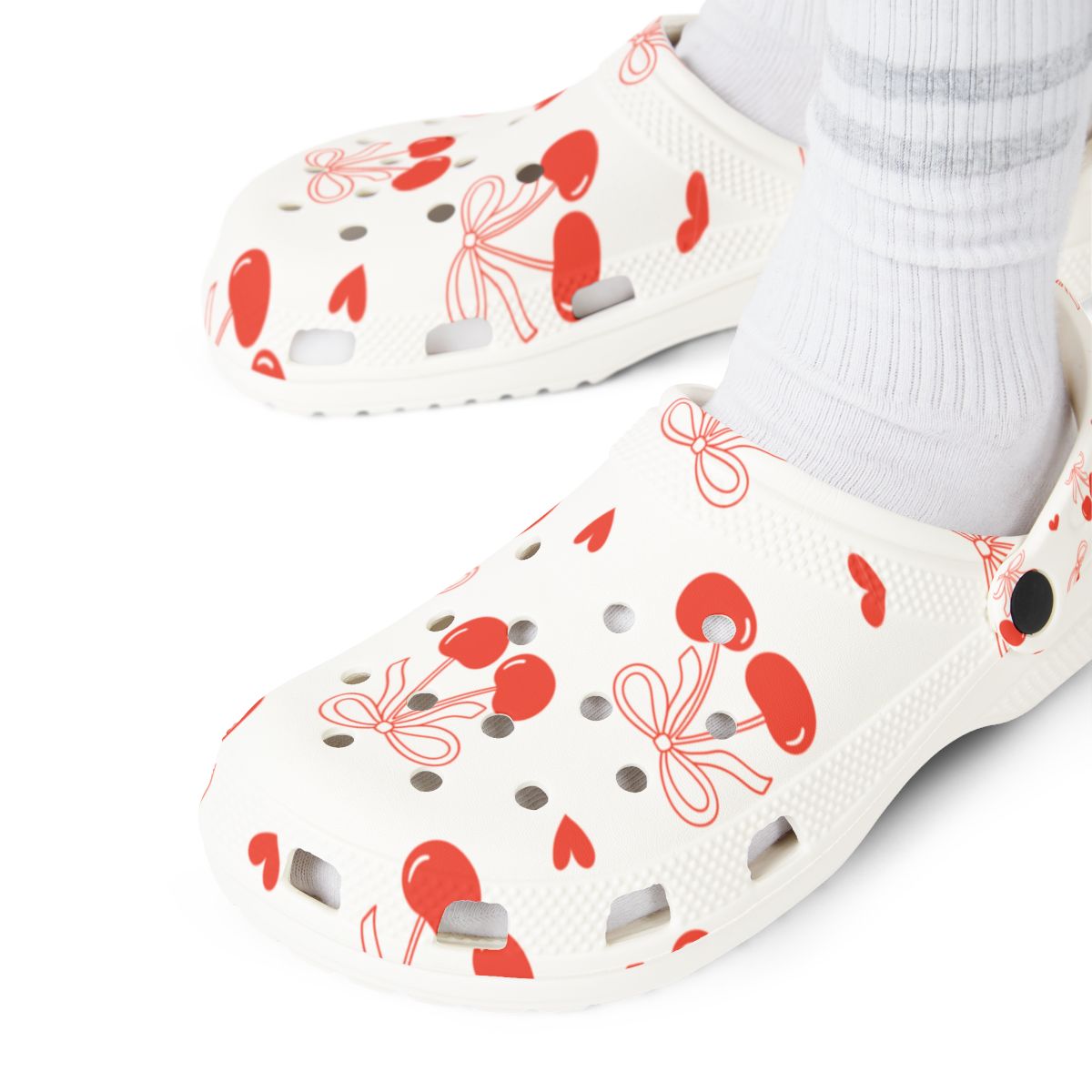 Cherry Bow Garden Shoes for Adults & Kids – Lightweight EVA Slip-On Summer Sandals with Hearts & Fruit Print, Water-Resistant Nurse Comfort
