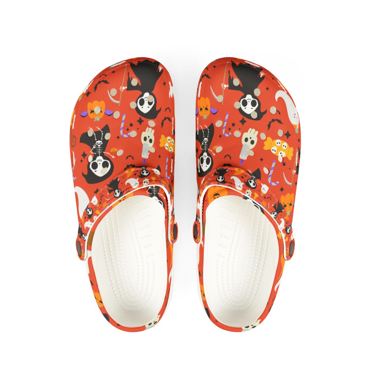 Spooky Orange Halloween Garden Shoes for Adults & Kids – Lightweight EVA Slip-On Sandals with Cats, Ghosts, Candy & Tombstones