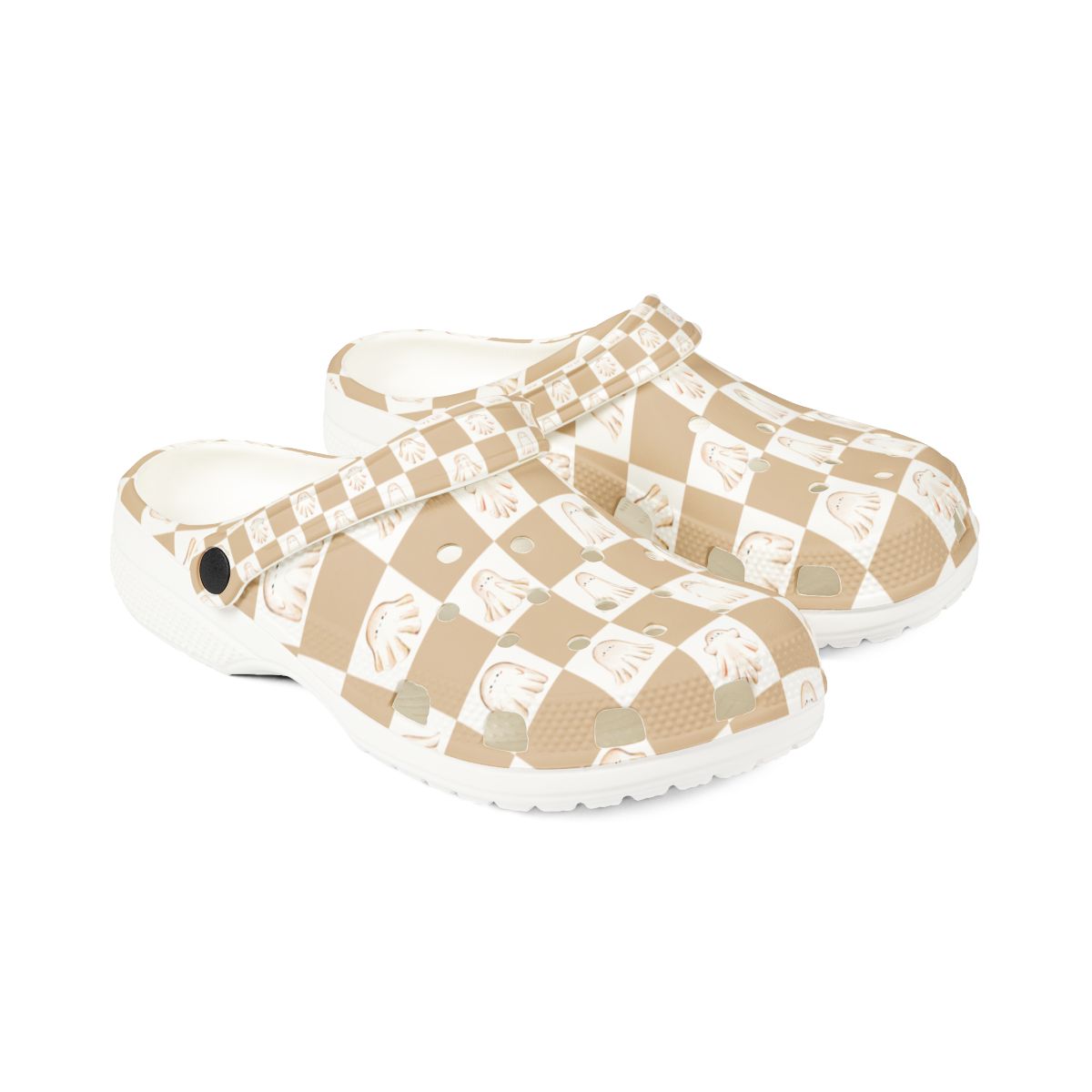 Checkerboard Ghost Garden Shoes for Adults & Kids – Lightweight EVA Slip-On Halloween Sandals Water-Resistant Nurse Comfort Walking Footwear