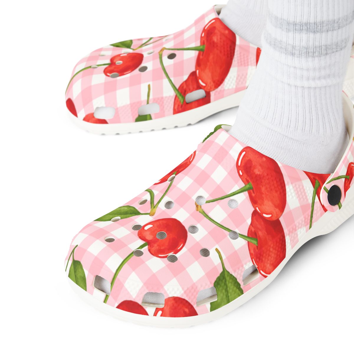 Cherry Gingham Garden Shoes for Adults & Kids – Lightweight EVA Slip-On Pink Picnic Sandals Water-Resistant Nurse Comfort & Walking