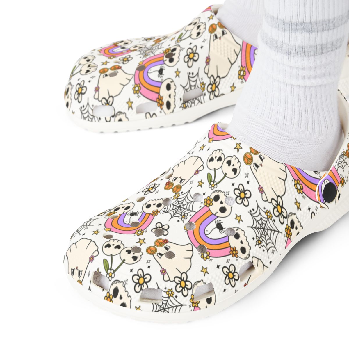 Rainbow Skull Garden Shoes for Adults & Kids – Lightweight EVA Slip-On Halloween Sandals with Spiders, Stars & Flowers, Water-Resistant Nurse Comfort