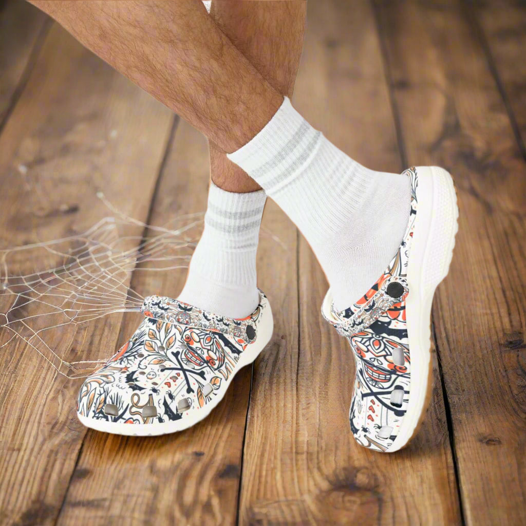Patterned shoes worn with white socks on a white background