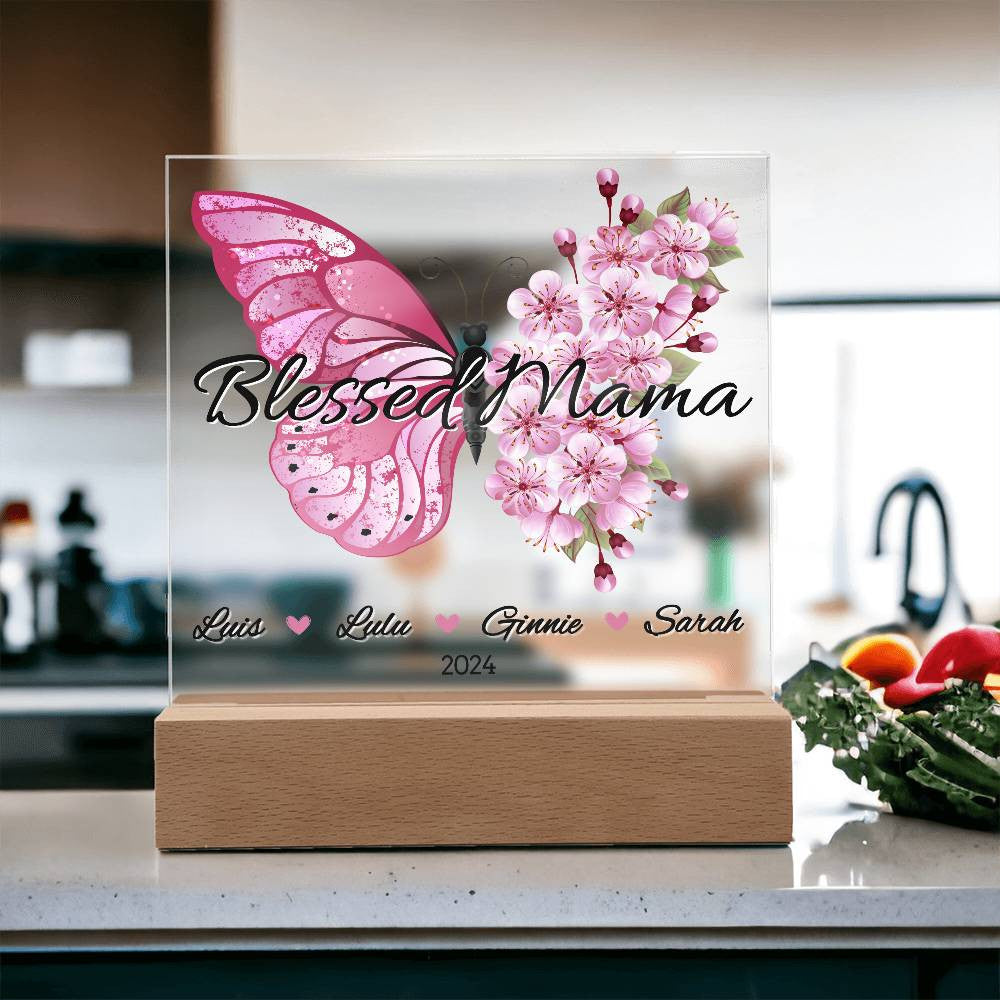 Personalized Pink Butterfly Blessed Mama with Kids Names Plaque