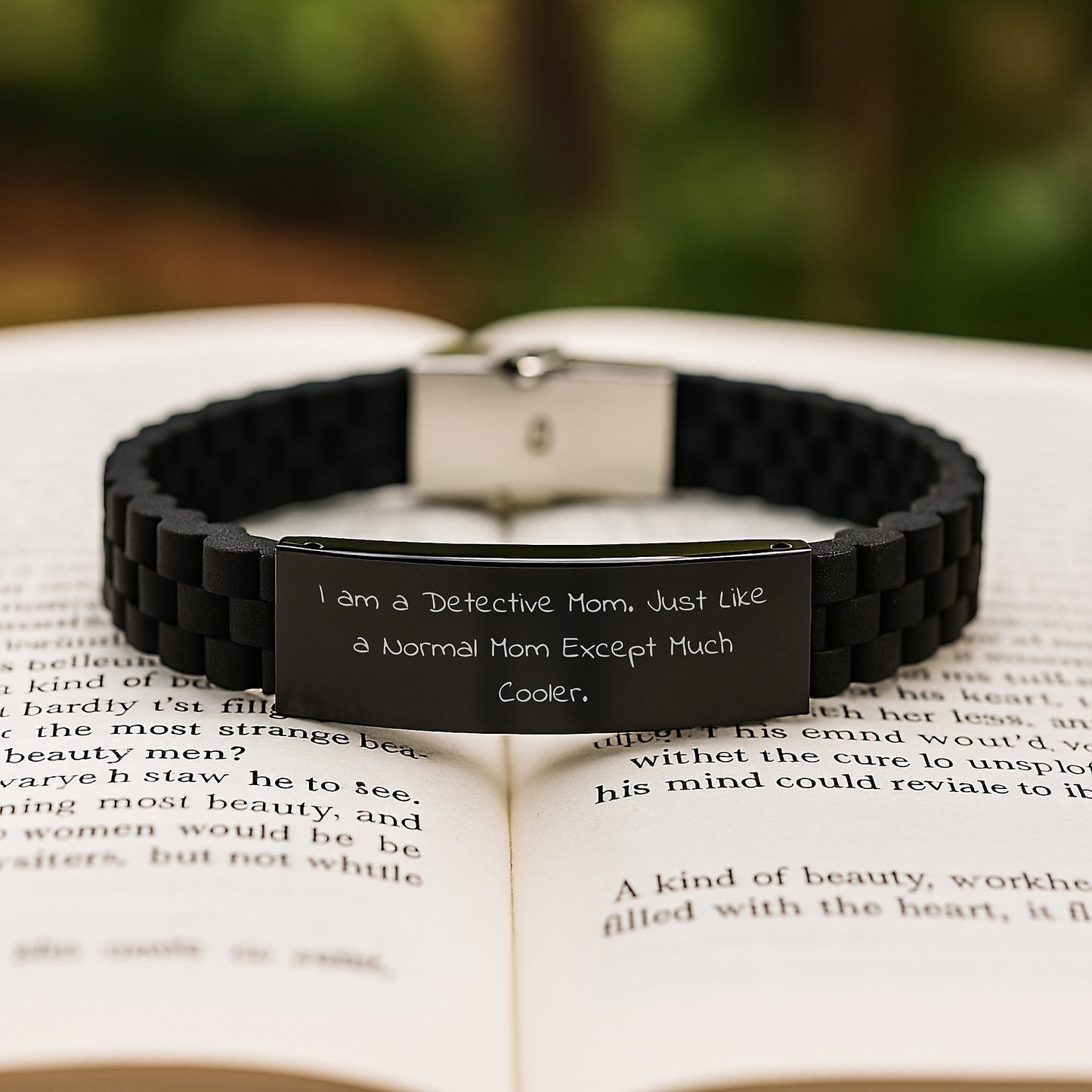 Funny Detective Mom Gift for Christmas, Glide lock Clasp Bracelet for Women, Silver Black Stainless Steel Silicone Clasp, Adjustable - Image 2