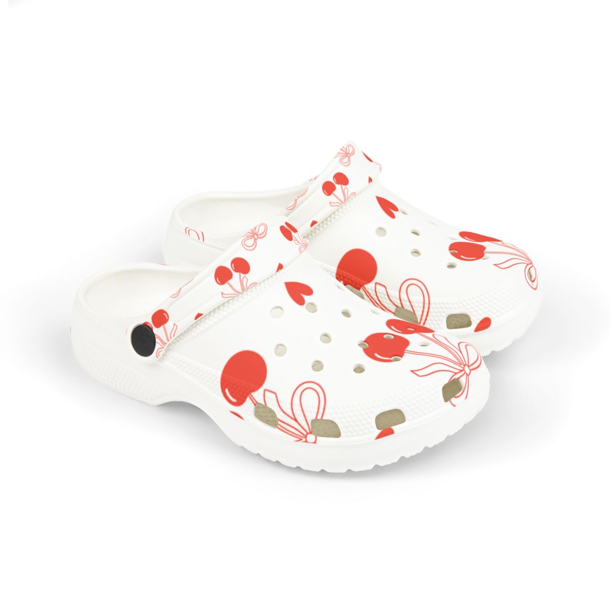 Cherry Bow Garden Shoes for Adults & Kids – Lightweight EVA Slip-On Summer Sandals with Hearts & Fruit Print, Water-Resistant Nurse Comfort