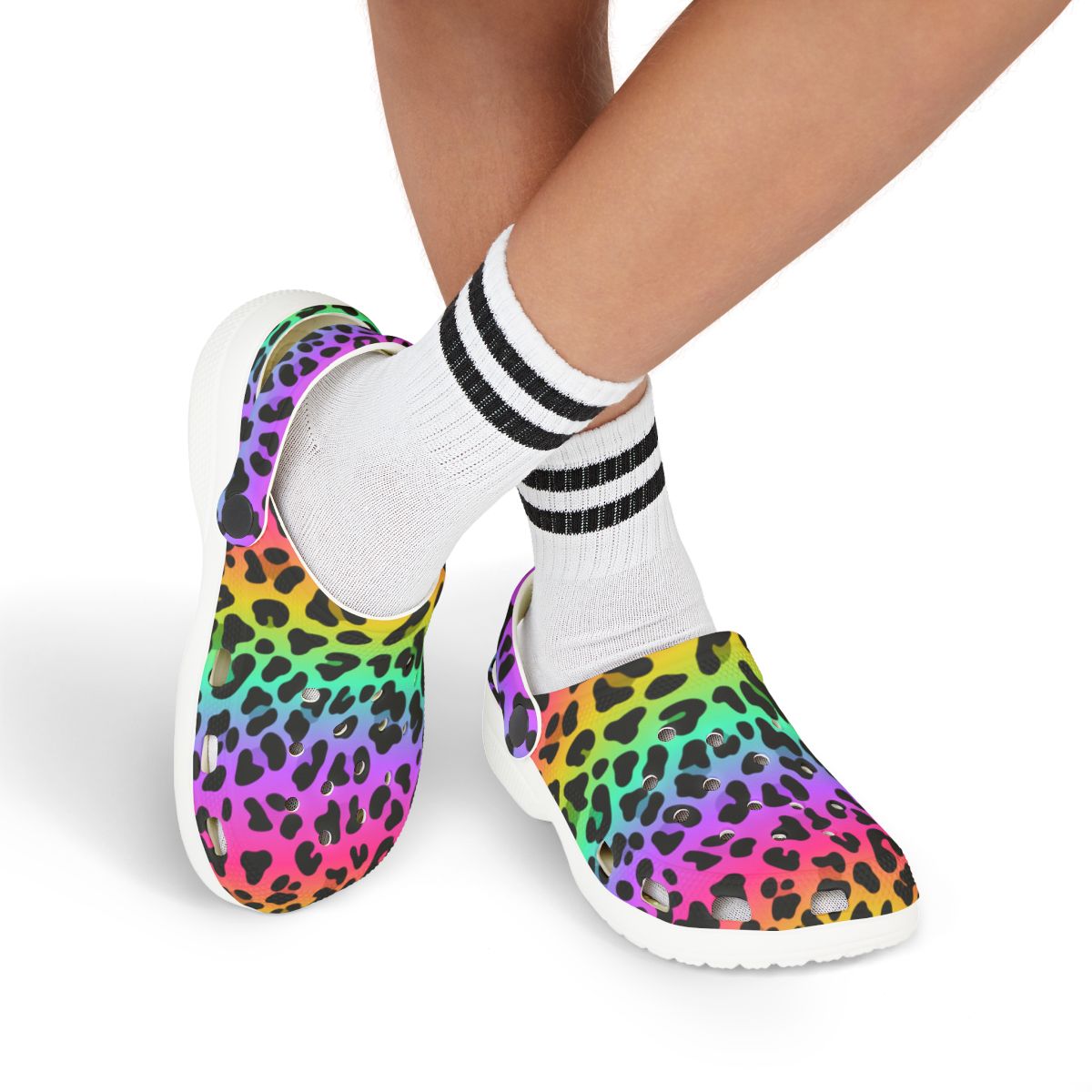 Rainbow Leopard Garden Shoes for Adults & Kids – Lightweight EVA Slip-On Bold Animal Sandals Water-Resistant Nurse Comfort & Festival Walking
