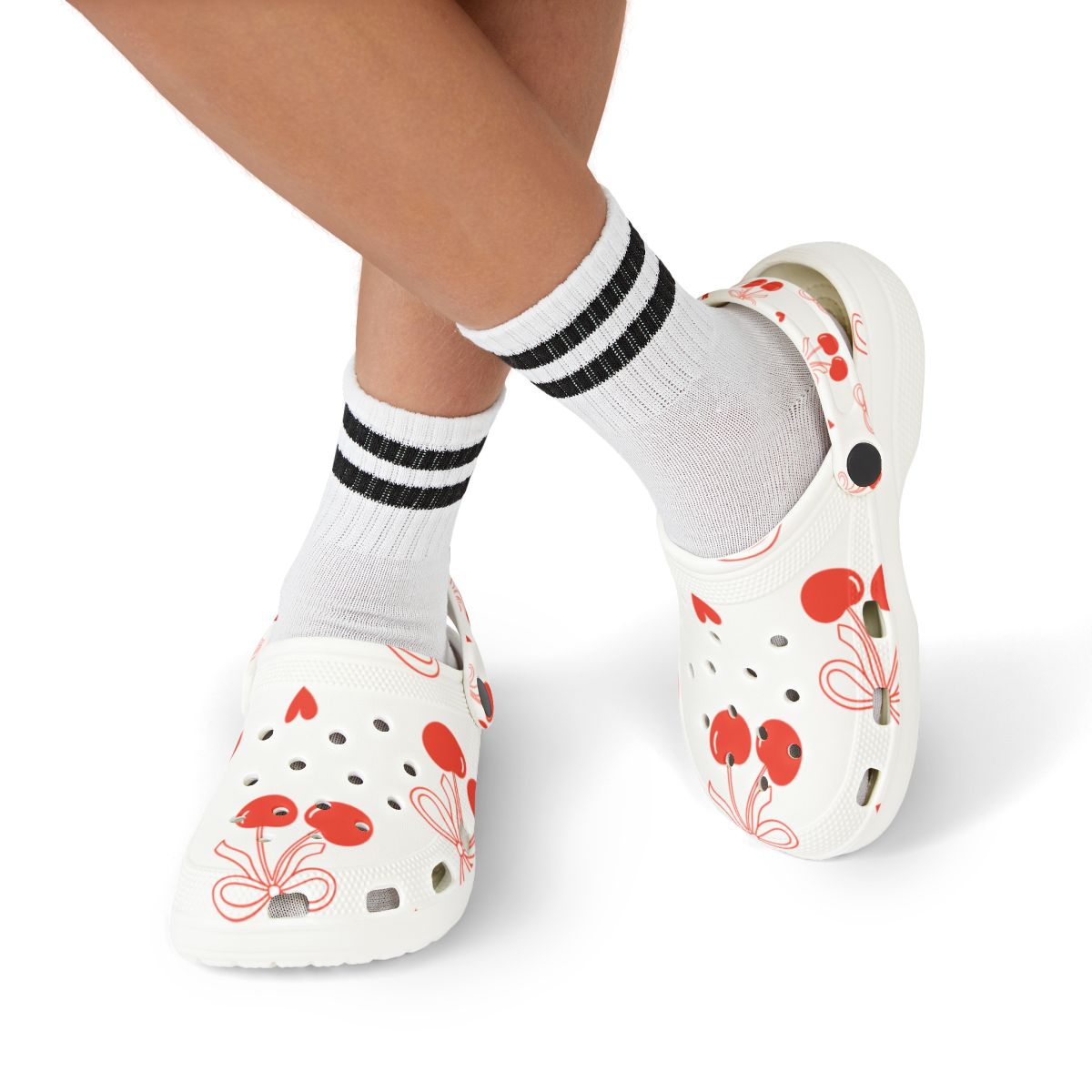 Cherry Bow Garden Shoes for Adults & Kids – Lightweight EVA Slip-On Summer Sandals with Hearts & Fruit Print, Water-Resistant Nurse Comfort
