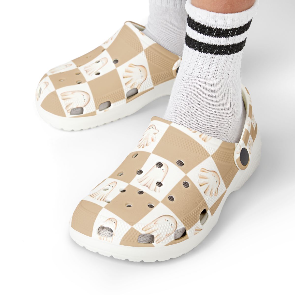 Checkerboard Ghost Garden Shoes for Adults & Kids – Lightweight EVA Slip-On Halloween Sandals Water-Resistant Nurse Comfort Walking Footwear