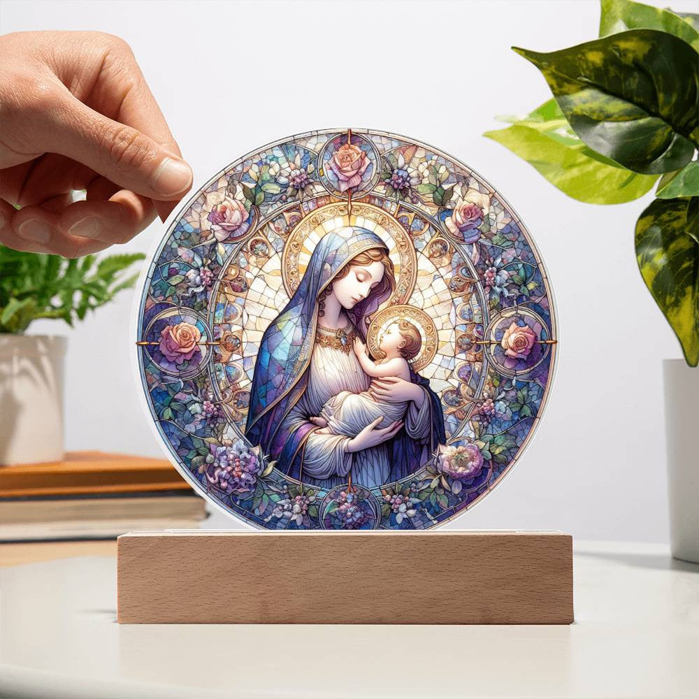 Mary and Baby Jesus Stained Glass Style Plaque