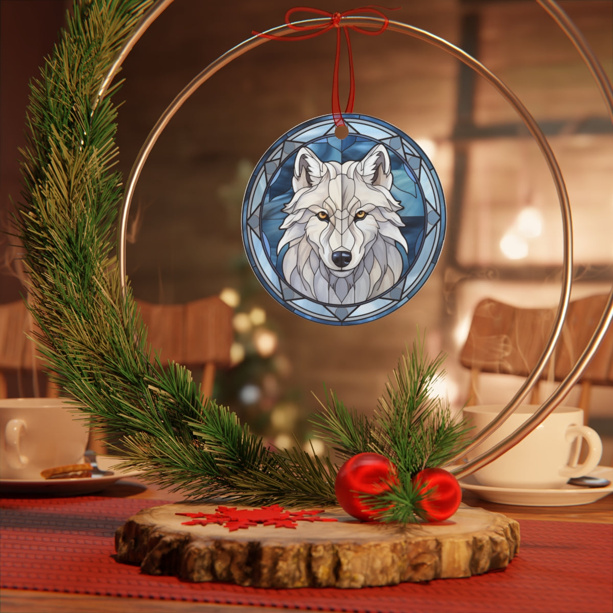 Stained Glass Style White Wolf Christmas Ornament