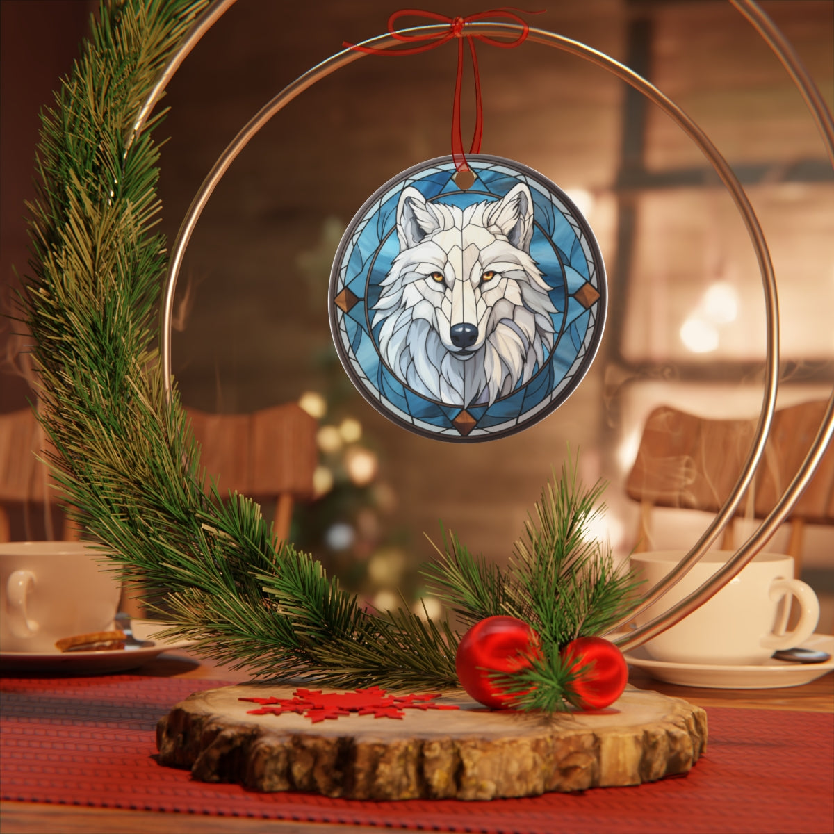 Stained Glass Style White Wolf Christmas Ornament