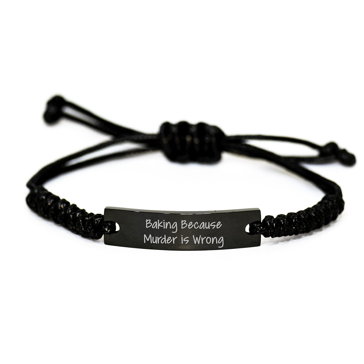 Baking Enthusiast Gifts from Men for Women's Birthday Unique Rope Jewelry, 'Baking Because Murder Is Wrong', Adjustable Black Stainless Steel Rope Bracelet with Organza Bag - Image 1