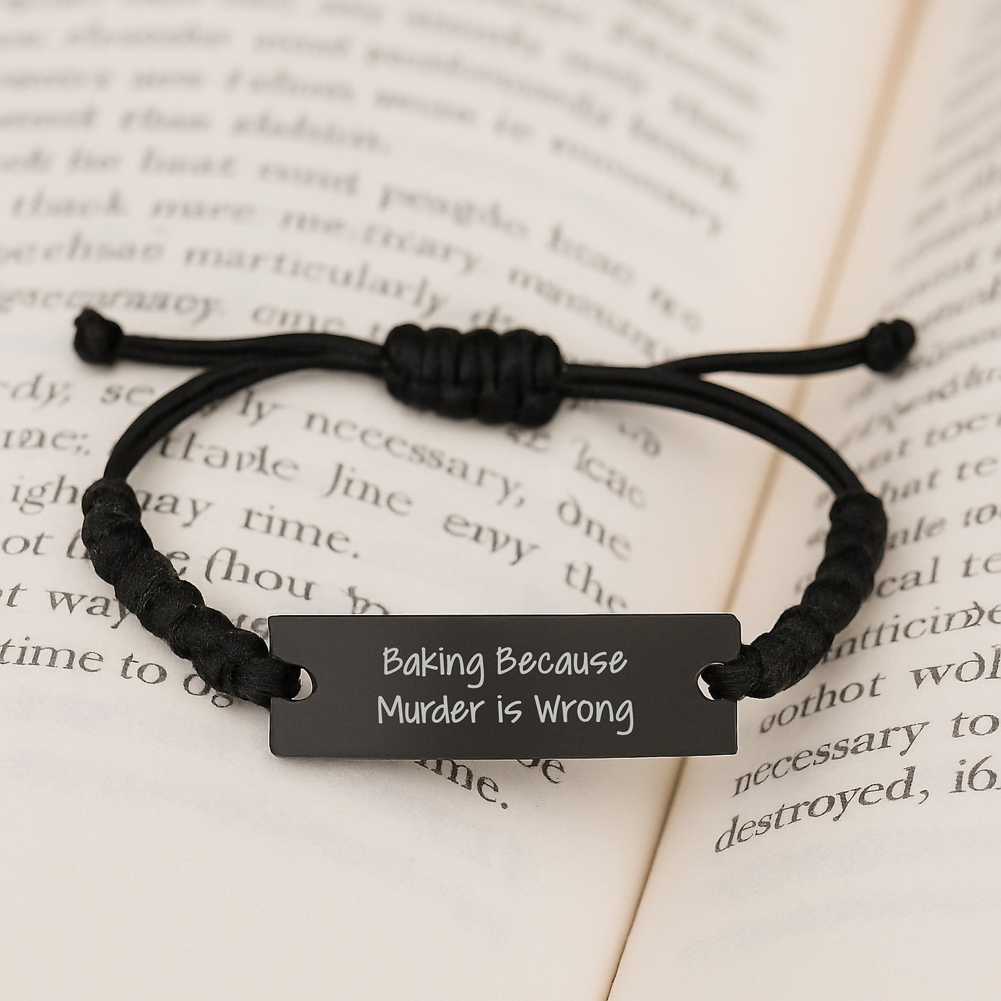 Baking Enthusiast Gifts from Men for Women's Birthday Unique Rope Jewelry, 'Baking Because Murder Is Wrong', Adjustable Black Stainless Steel Rope Bracelet with Organza Bag - Image 3