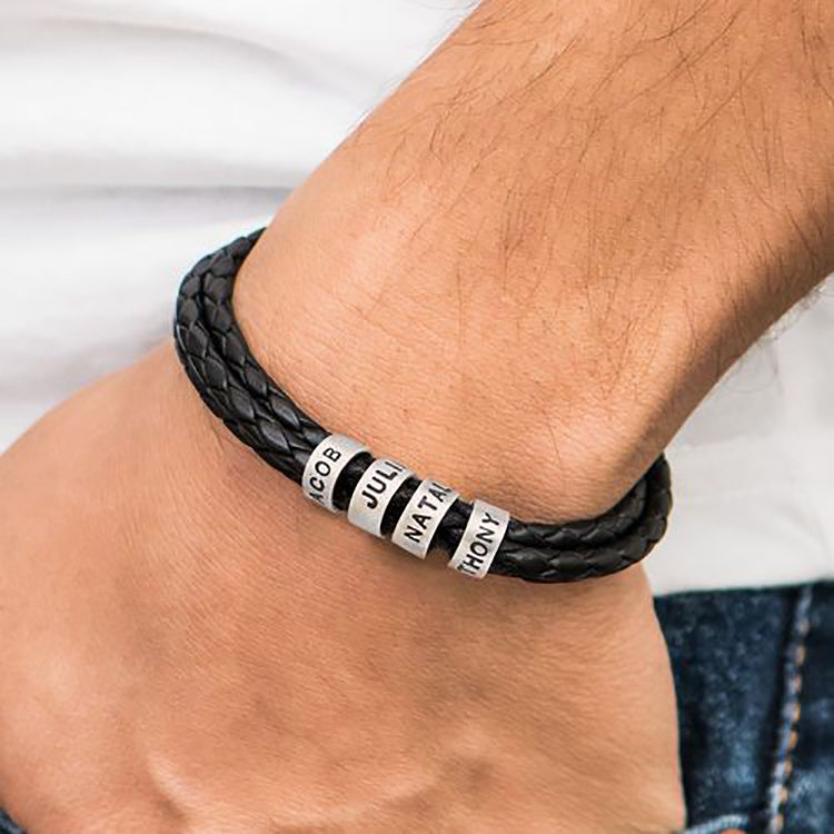 Engraved Titanium Beads Leather Bracelet - Personalized Keepsake