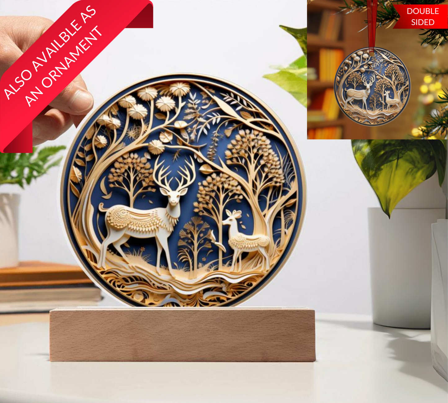 3D Reindeer LED Plaque or Double Sided Ornament