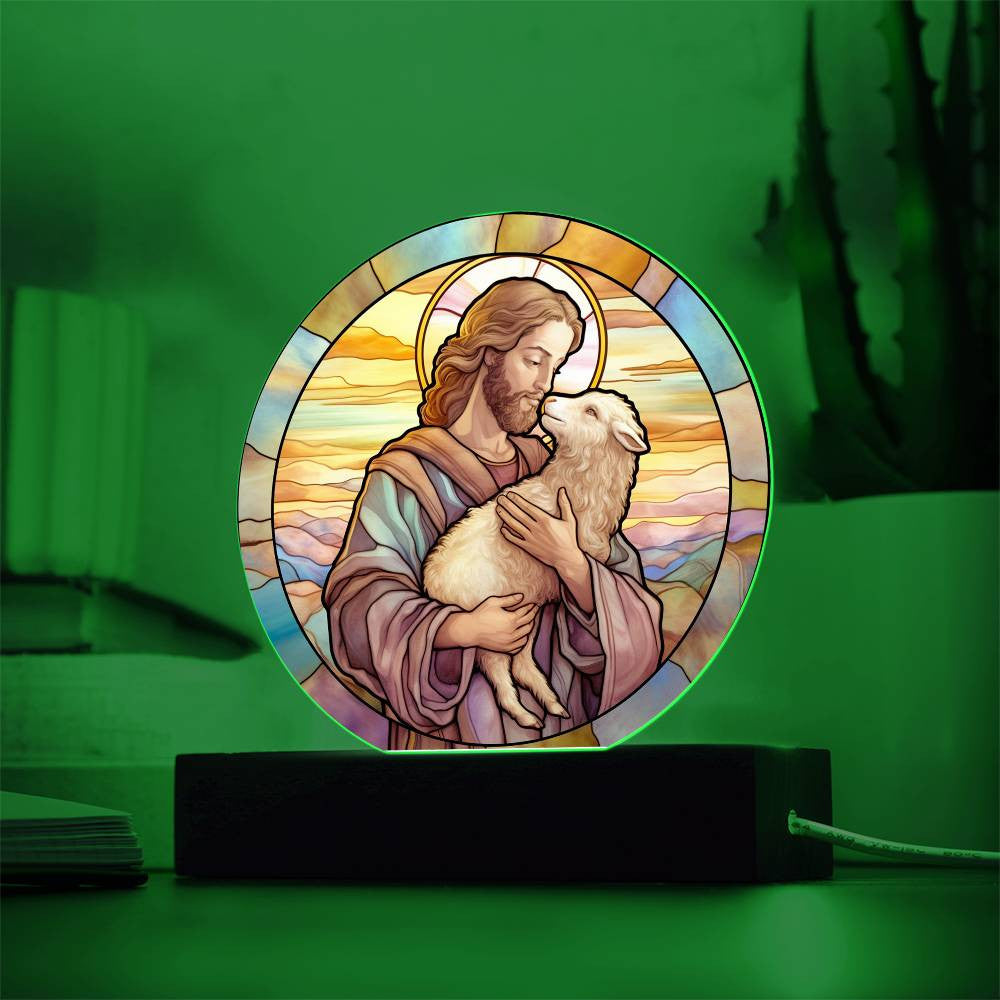 Jesus and His Sheep Stained Glass Style Plaque