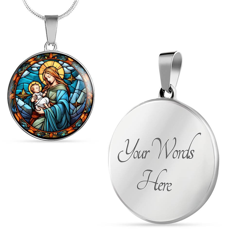 Virgen Mary and Baby Jesus Stained Glass Look Necklace