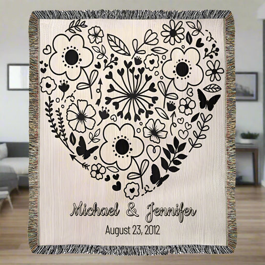 Personalized Floral Heart Heirloom Woven Blanket