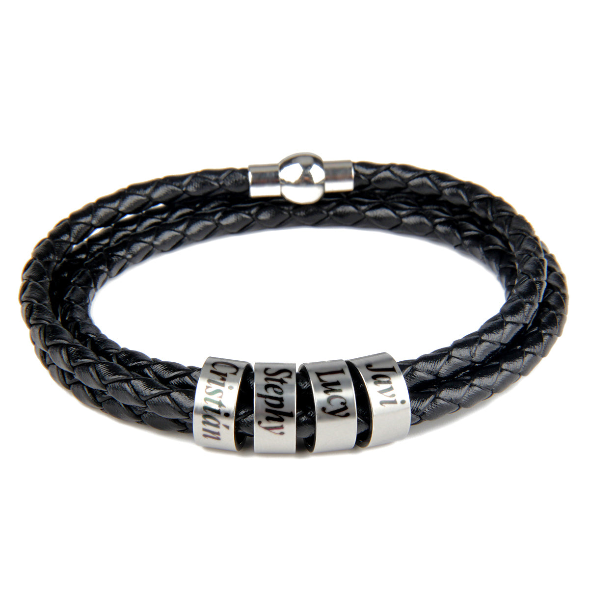 Engraved Titanium Beads Leather Bracelet - Personalized Keepsake