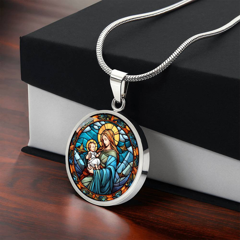 Virgen Mary and Baby Jesus Stained Glass Look Necklace