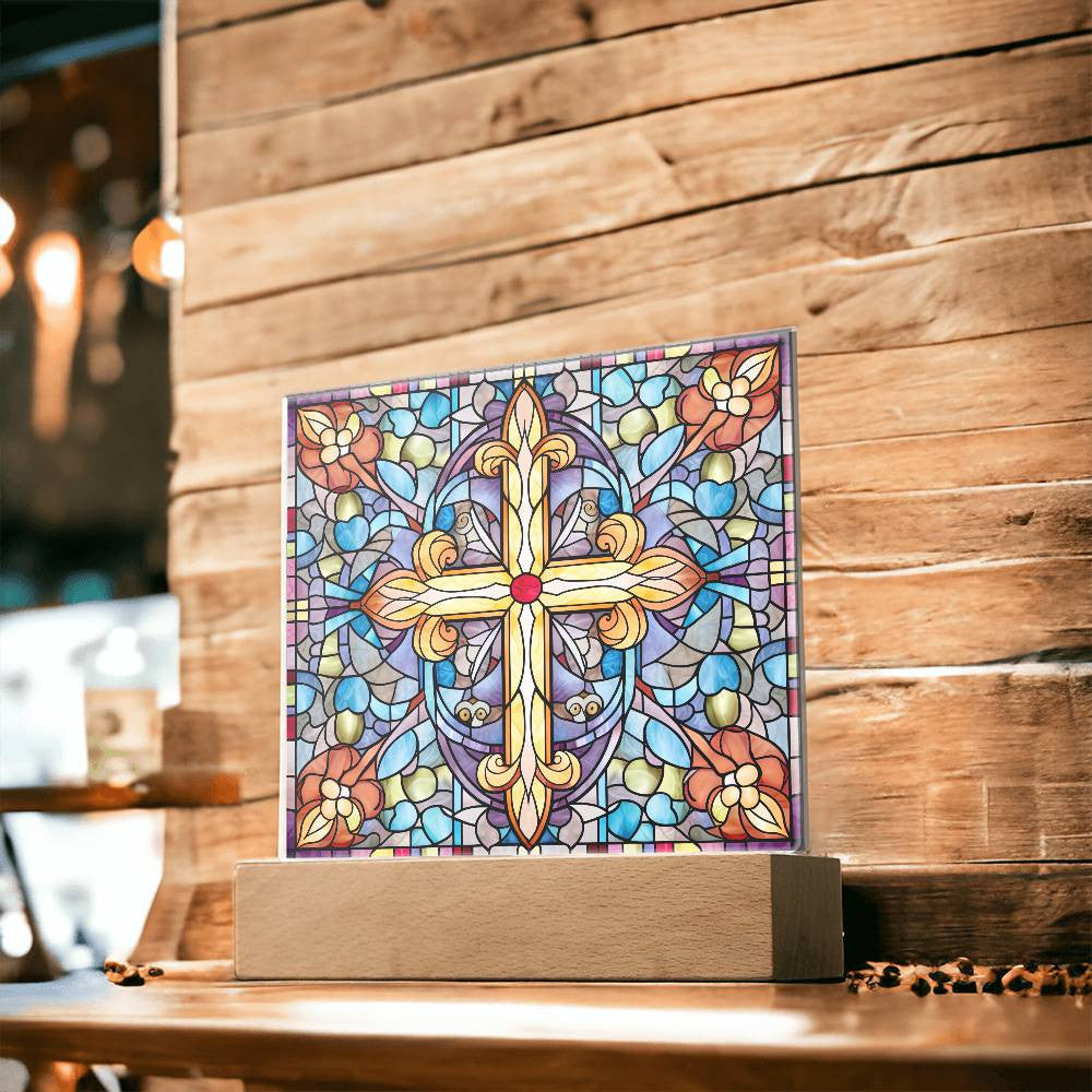 Stained Glass Style Cross Plaque