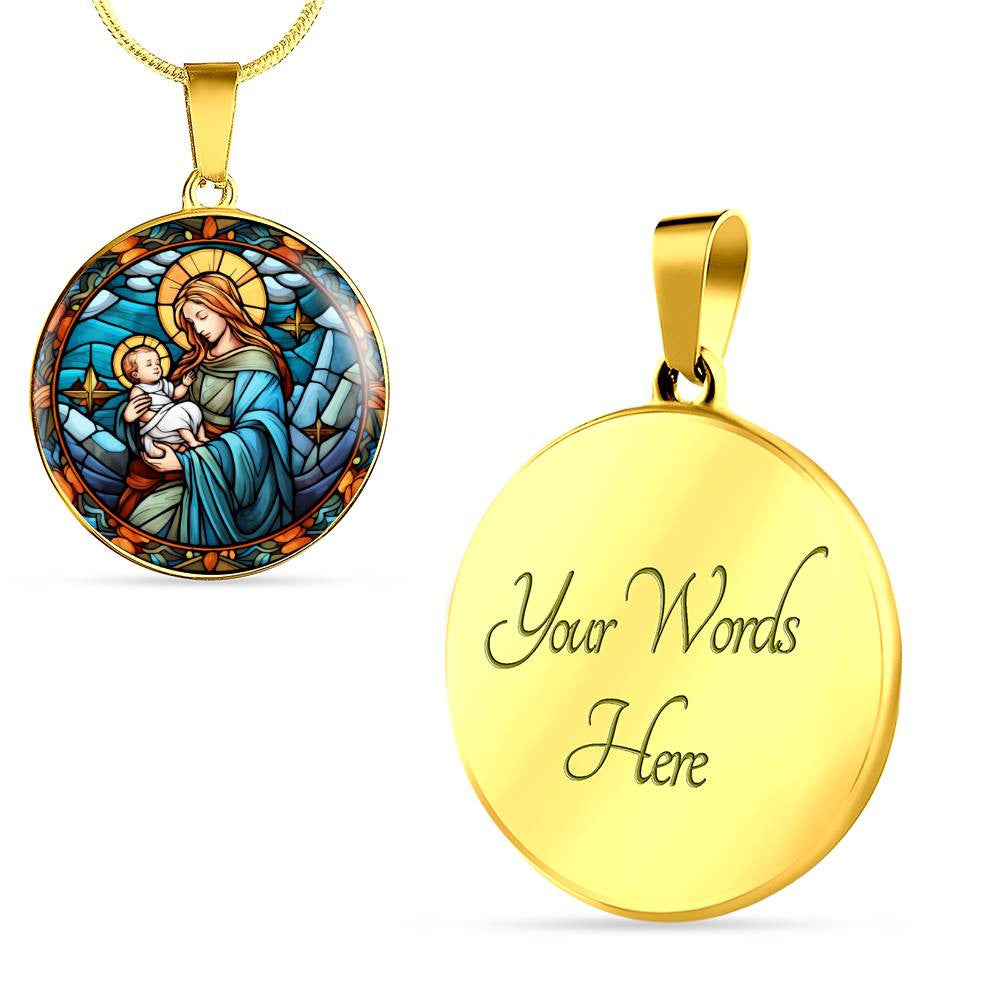 Virgen Mary and Baby Jesus Stained Glass Look Necklace