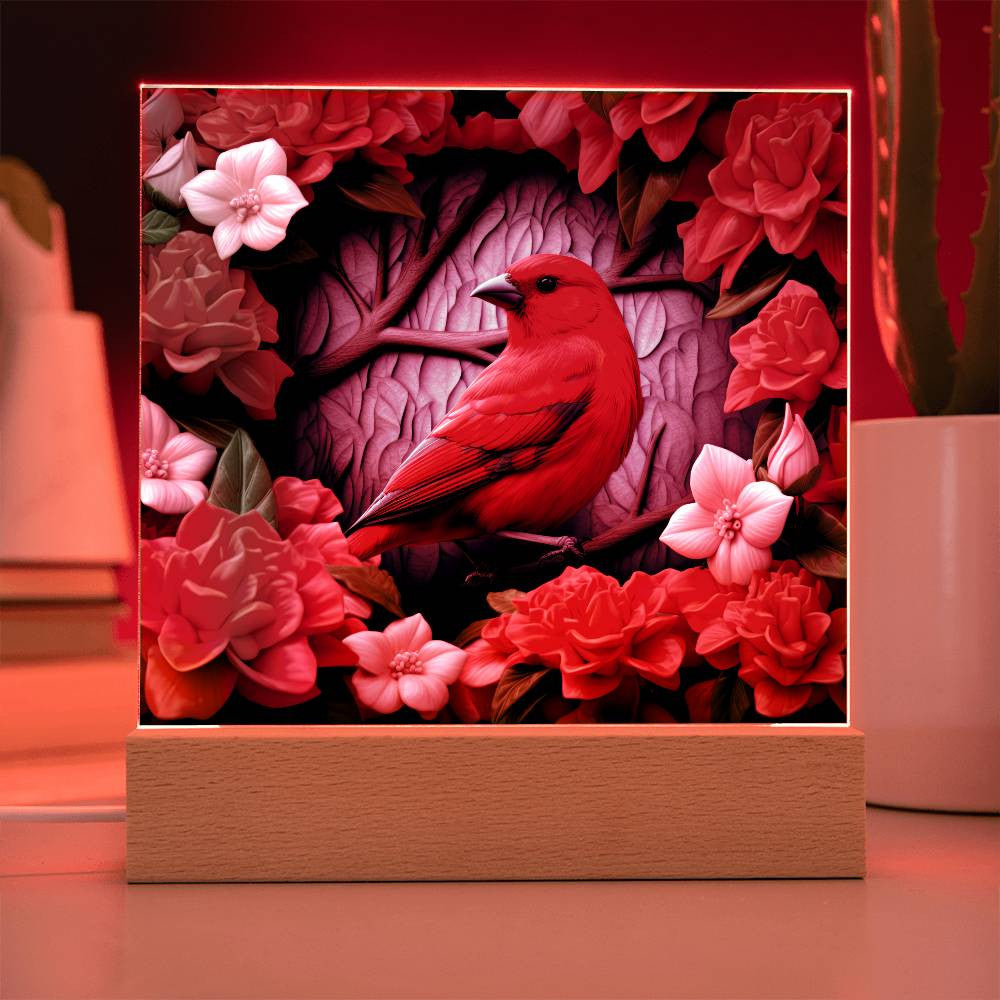 3D Scarlet Tanager Bird Stained Glass Style Acrylic Square Plaque