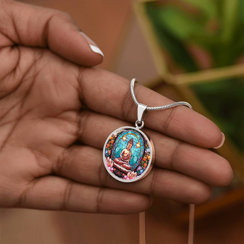 Personalized Buddha Stained Glass Style Pendant Necklace
