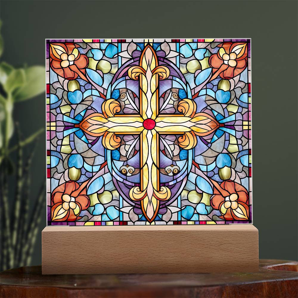 Stained Glass Style Cross Plaque
