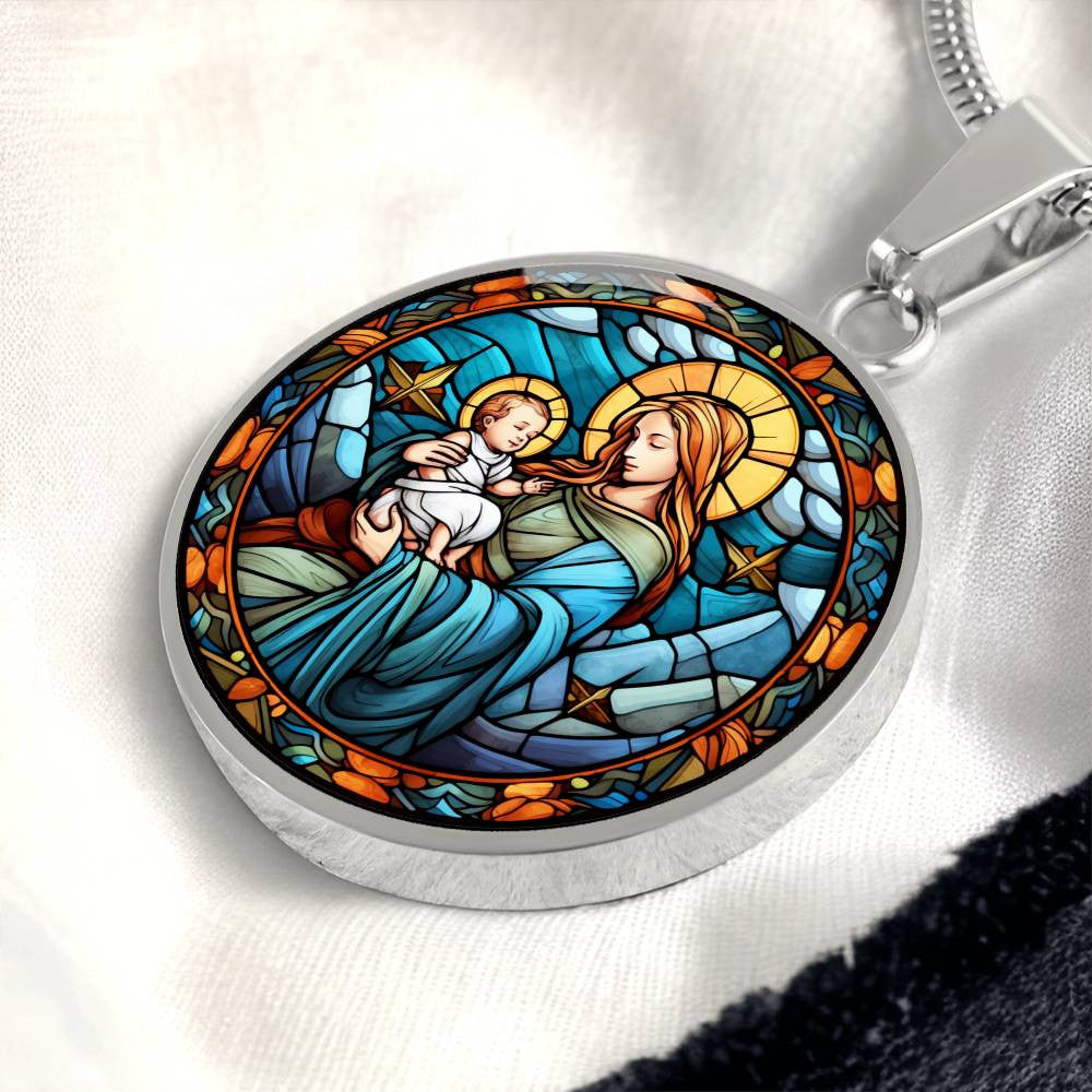 Virgen Mary and Baby Jesus Stained Glass Look Necklace