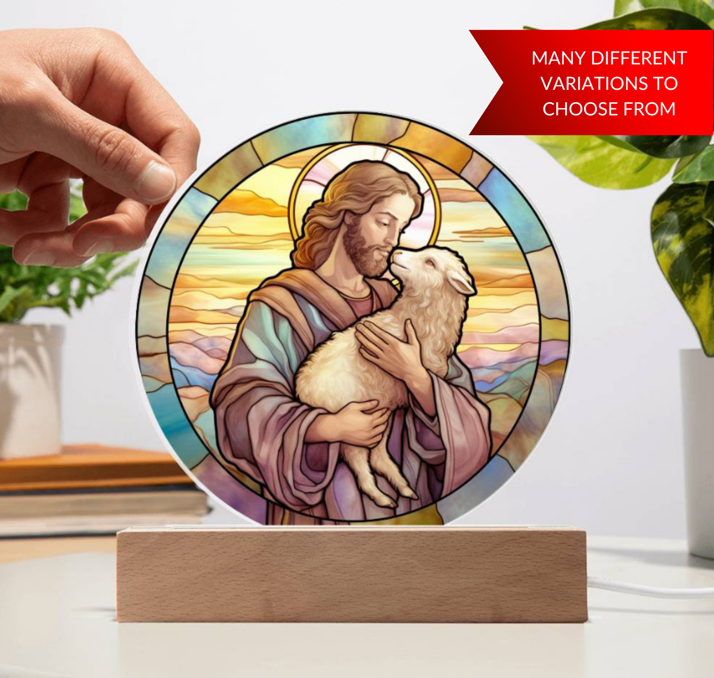 Jesus and His Sheep Stained Glass Style Plaque