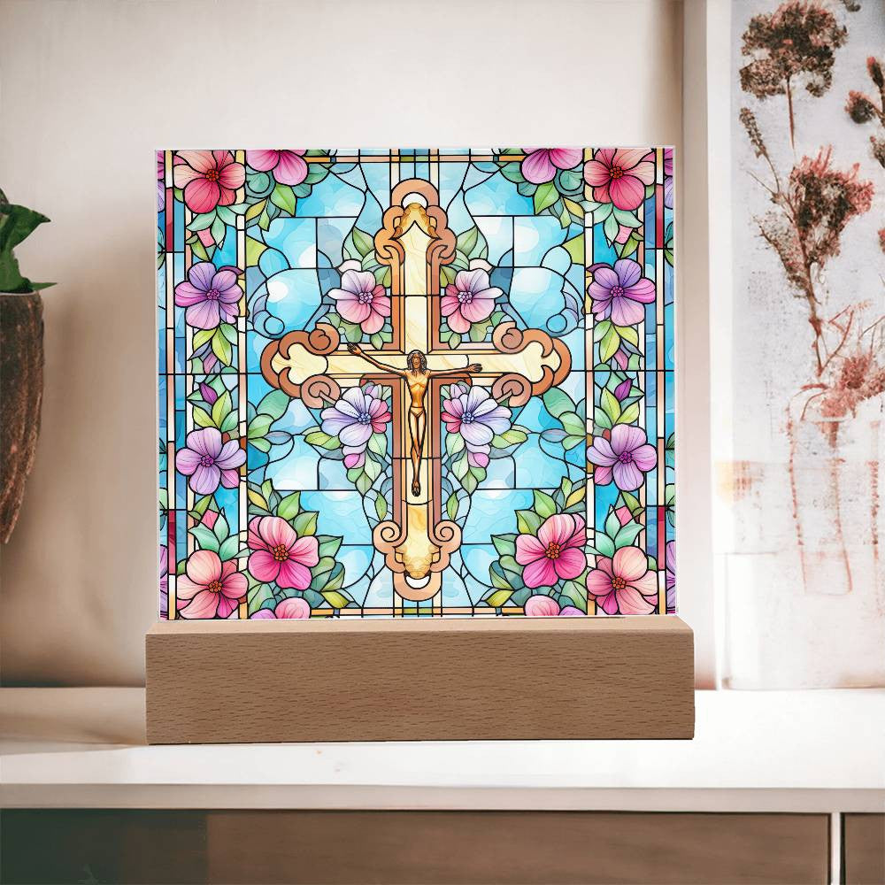 Stained Glass Jesus on the Cross Plaque