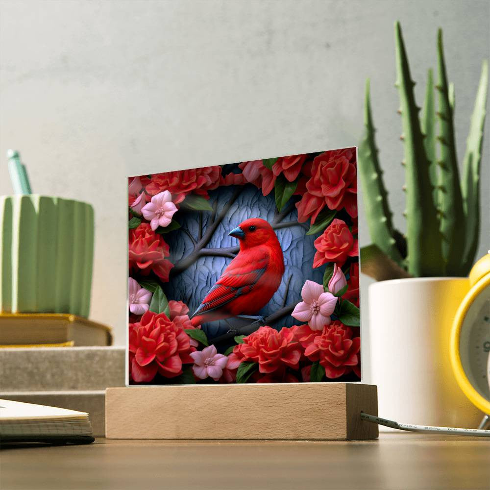 3D Scarlet Tanager Bird Stained Glass Style Acrylic Square Plaque