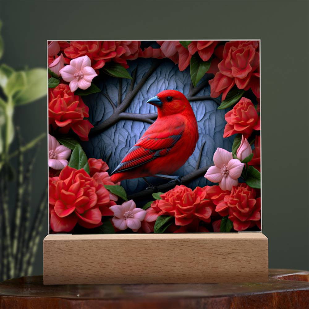 3D Scarlet Tanager Bird Stained Glass Style Acrylic Square Plaque