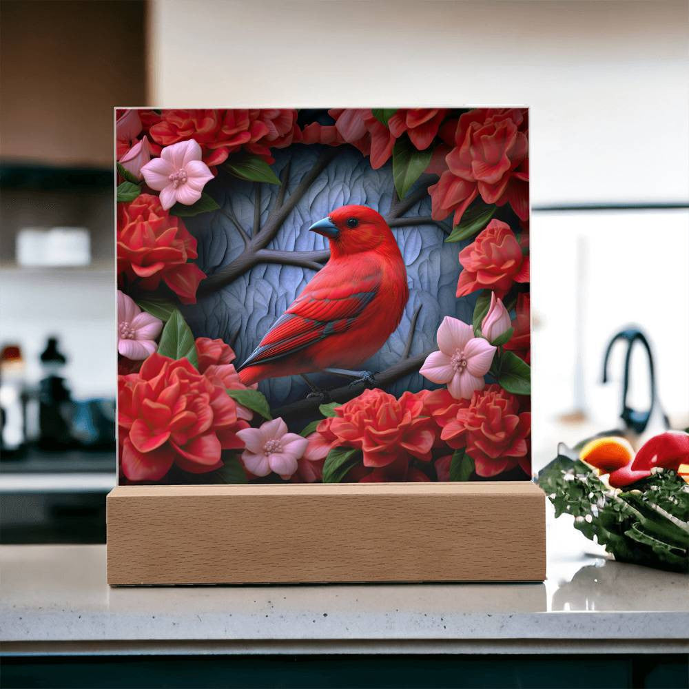 3D Scarlet Tanager Bird Stained Glass Style Acrylic Square Plaque