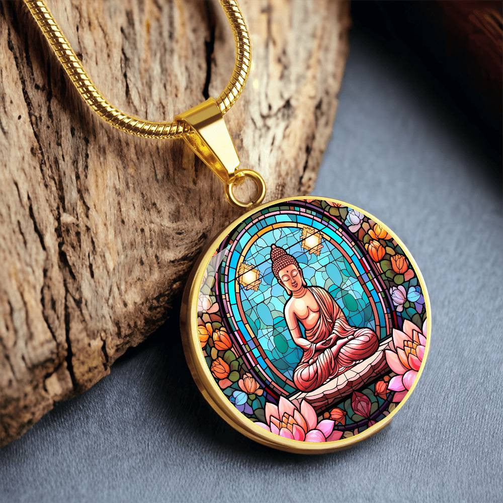 Personalized Buddha Stained Glass Style Pendant Necklace